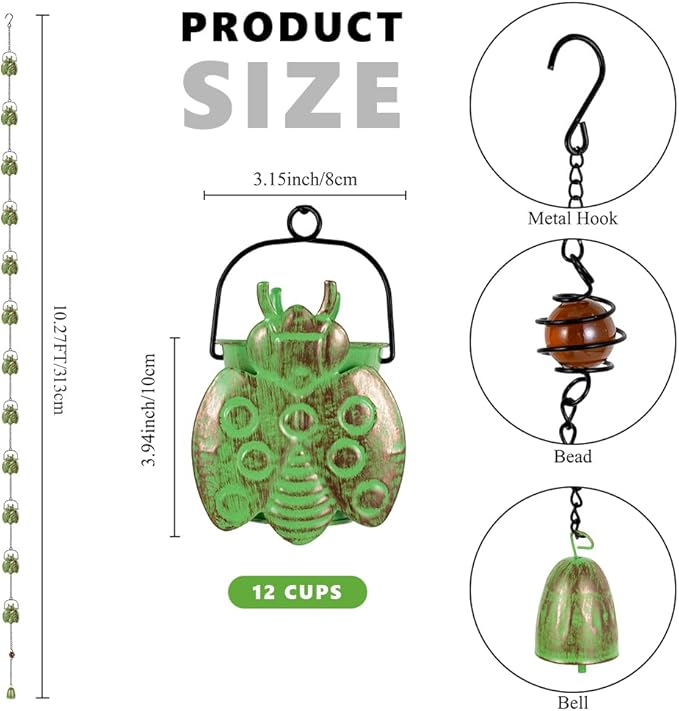 dreamysoul Rain Chains with 12 Ladybug Cups, 10.27FT Bronze Decorative Rain Catcher Chains for Downspout Gutters, Eaves Drainage, Outside