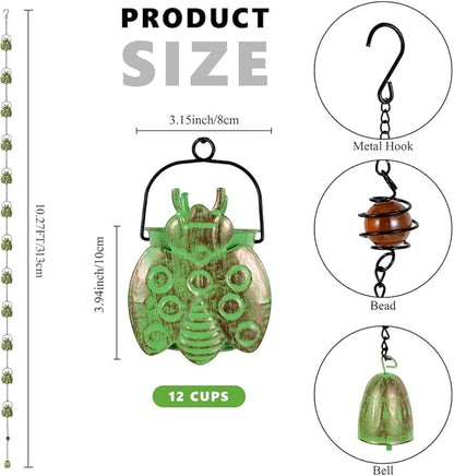 dreamysoul Rain Chains with 12 Ladybug Cups, 10.27FT Bronze Decorative Rain Catcher Chains for Downspout Gutters, Eaves Drainage, Outside