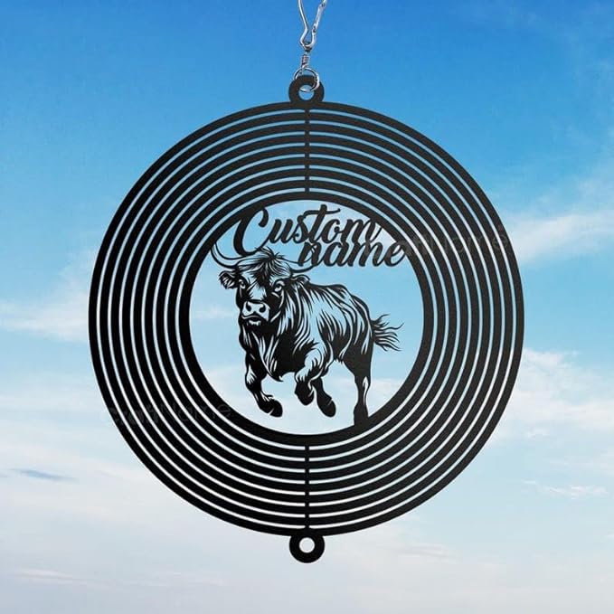 Personalized Highland Cow Metal Wind Spinner, Custom Farmhouse Ornament for Outdoor Display, Kinetic Yard Sculpture, Rustic Gift (Highland Cow Garden Wind Spinner)