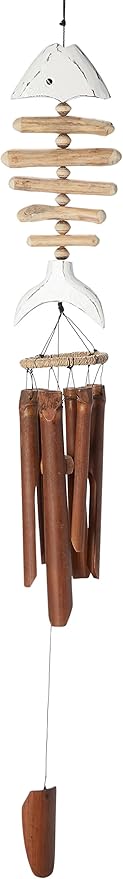 Cohasset Gifts Bamboo Wind Chime | #109W | White Tail Bone Fish Bamboo Wind Chime | Wood, Outdoor, Home Décor for Decks, Garden, Porch | Distressed White Finish |