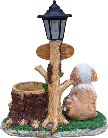 Solar Light Animal Outdoor Statue Planter with Welcome Sign, Resin Garden Sculpture Flower Pot for Patio Lawn Porch Yard Courtyard Decor, Weather-Resistant Decorative Figurine Accent (E)