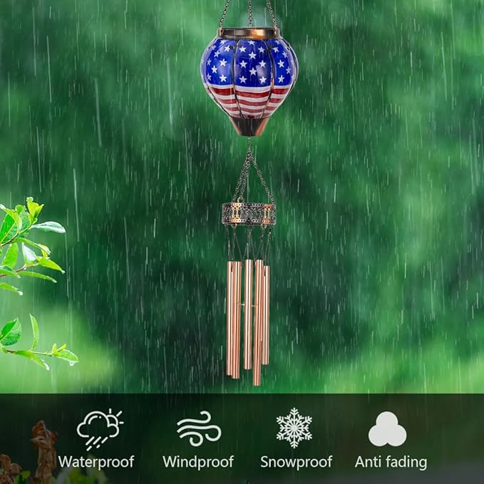 Starsoul Solar Wind Chimes for Outside, American Flag Hot Air Balloon with Flickering Flame Solar Wind Chime, Glass Windchimes Outdoors Garden Decor, Gift for Mother's Day Mom Grandma