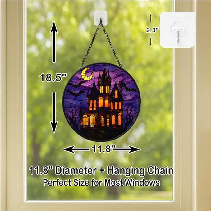 Stained Glass Window Hanging - 11.8in Haunted House with Moon and Bats Halloween Decor Sun Catchers Indoor Stained Glass Panels Wall Decor for Mom，Wife，Lovers，Festive