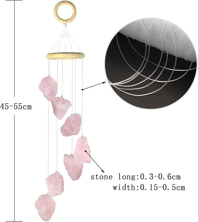 Rose Quartz Raw Stone Wind Chime with Wooden Hanging Circle Boho Patio Home Garden Windows Wall Ornament