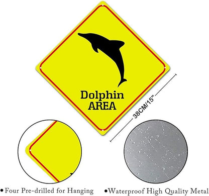 Warning Dolphin Area Aluminum Metal Sign Ocean Animal Caution Crossing Xing Street Sign Yellow Diamond Shape Funny Metal Sign For Indoor Outdoor Highway15x15in