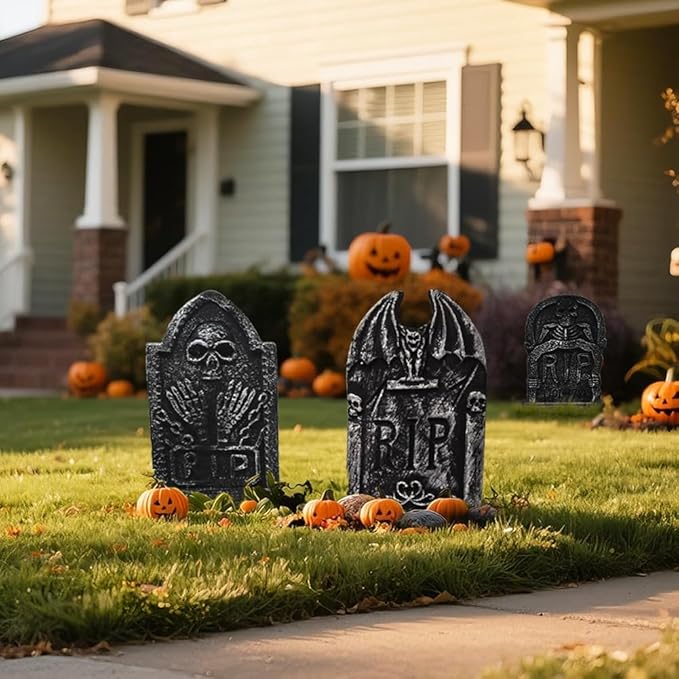CAMIRUS 17" Halloween Foam Tombstones, 5 Pack RIP Tombstones Graveyard Headstone Decor with 10 Bonus Metal Stakes for Halloween Yard Garden Lawn Patio Outdoor Decorations