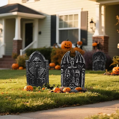CAMIRUS 17" Halloween Foam Tombstones, 5 Pack RIP Tombstones Graveyard Headstone Decor with 10 Bonus Metal Stakes for Halloween Yard Garden Lawn Patio Outdoor Decorations