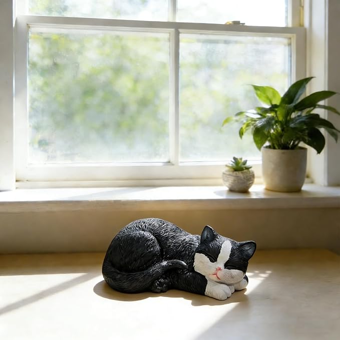 Garden Outdoor Decor Cats Statue, Sleeping Cat Figurines Garden Statues & Sculpture Decor for Patio, Porch and Lawn, Cat Memorial Stone Gifts for Lover and Womens Black