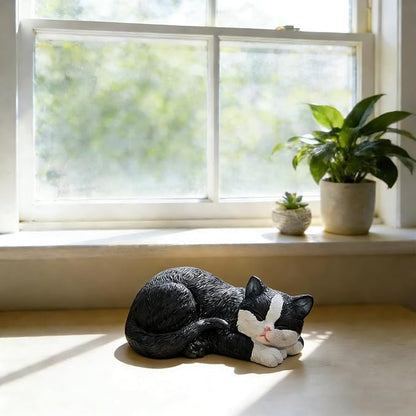 Garden Outdoor Decor Cats Statue, Sleeping Cat Figurines Garden Statues & Sculpture Decor for Patio, Porch and Lawn, Cat Memorial Stone Gifts for Lover and Womens Black
