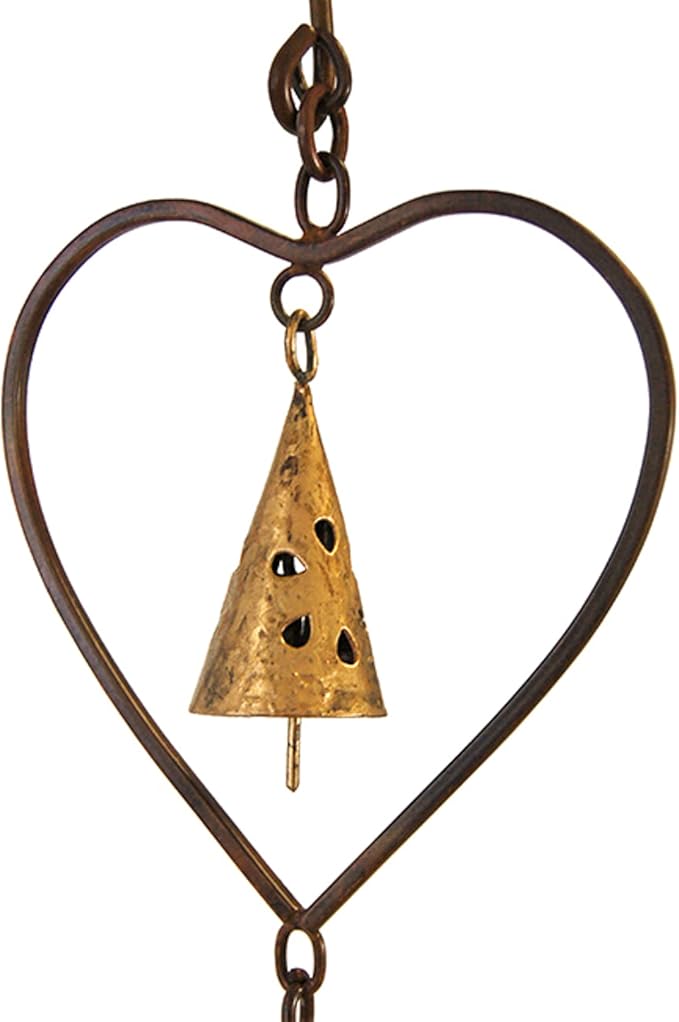Ancient Graffiti Hearts and Bells Rain Chains, Copper Color, Pack of 2 – Steel Downspout Replacement with Heart Silhouettes & Bells, Decorative Gutter Chains