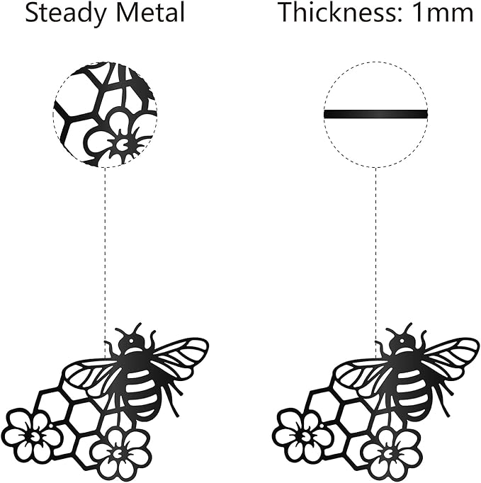 CREATCABIN Bees Metal Wall Art Decor Black Honey Wall Hanging Ornament Iron Wire Wall Art Flower Sculpture Decoration Sign Minimalist Wall Decor for Farmhouse Garden Bedroom Office Home 12 x 9Inch