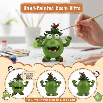 GoGnome Cute Green Monster Resin Figurine Indoor Outdoor Garden Statue Whimsical Funny Desk Decor - Little Alien Creature with Red Flower/Sprout, Unique (Green)