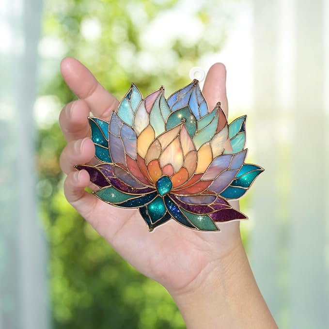 Lotus Stained Glass Acrylic Ornament – Colorful Lotus Flower Suncatcher for Windows, Christmas 2025 Ornament, Holiday & Spiritual Home Décor, Unique Handmade Gift(Sun-24)