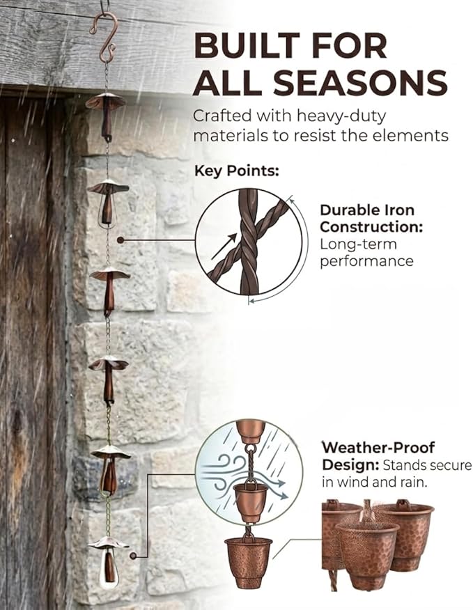 Vintage Iron Mushroom Rain Chain for Outside - Durable Metal Gutter Downspout Replacement with Colorful Glass Accents - Rustic Garden Decor and Wind Chime for Patio Porch
