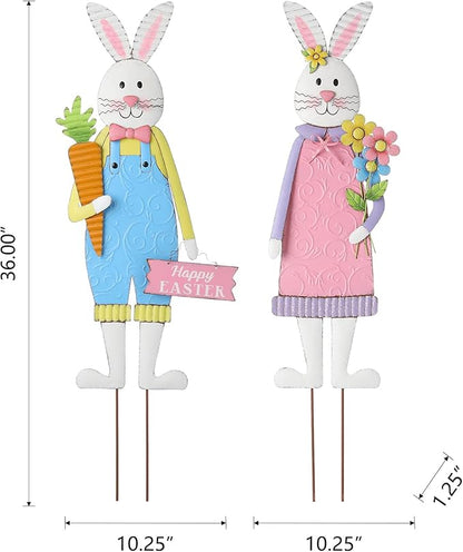 Glitzhome 36"H Easter Yard Signs, Set of 2 Metal Bunny Wall/Standing Decor, Blue & Pink, Hand Painted with Antique Treatment