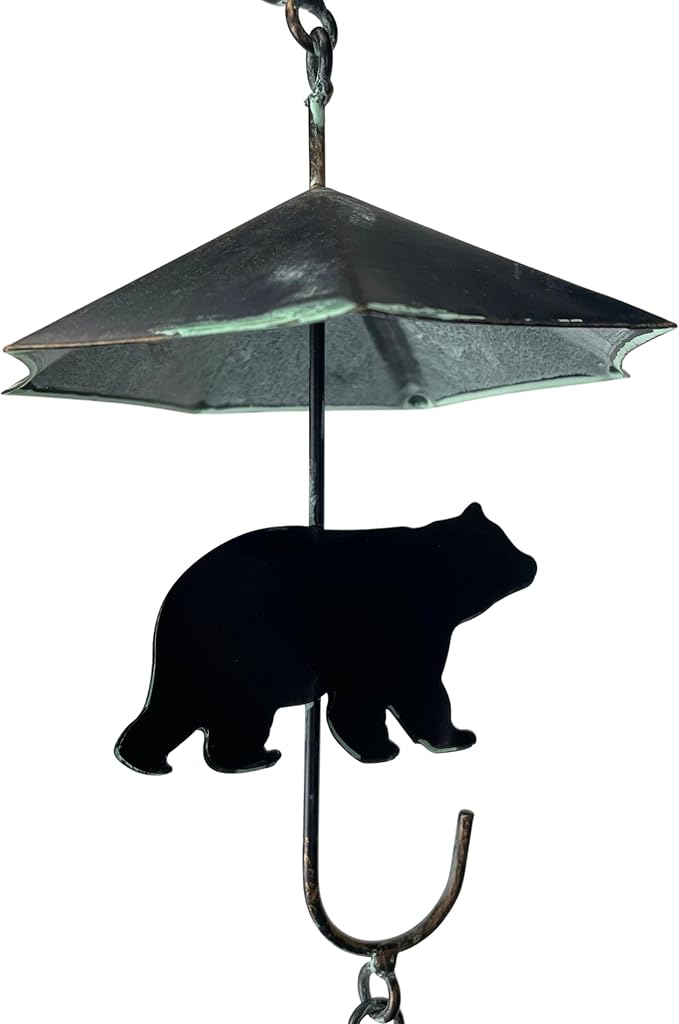 Verdigris Umbrella & Black Bear Rain Chain - 75 inches Long with 10 3D Designs, Weighted Bell for Wind Chime Sound - Eco-Friendly Water Collection or Downspout Replacement
