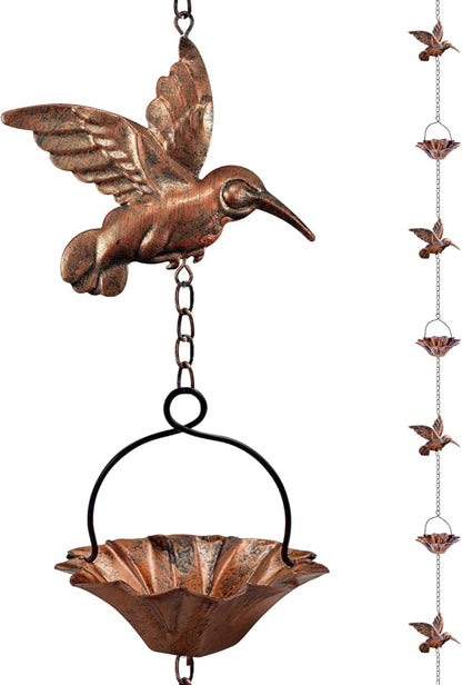 8.5Ft Copper Rain Chains for Gutters, Lotus Rain Catcher Chain for Gutters Outside with Adapter, Hummingbird and Cup Rain Chains for Gutters, Metal Rainwater Catcher Chain
