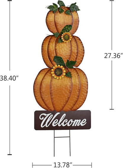 Linfevisi Pumpkin Yard Sign Stakes Stacked Pumpkin Garden Stakes Outdoor Metal Fall Decor Welcome Signs Lawn Ornaments for Autumn Harvest Thanksgiving Halloween 38.4"