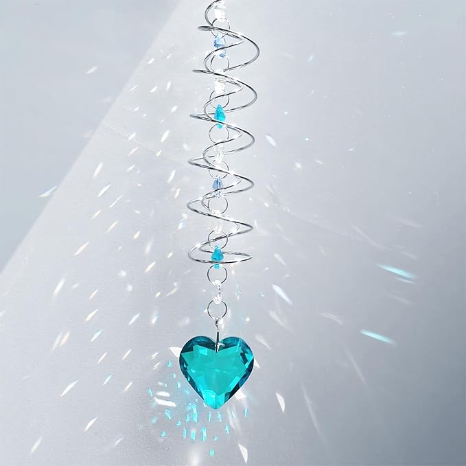 Big Heart Crystal Sun Catchers for Windows Hanging, Double-Spiral Design Gazing Ball Spiral Tail, Rainbow Maker Prism, Sun Catchers Indoor Window for Kitchen, Patio, Porch, Garden(Sky Blue)