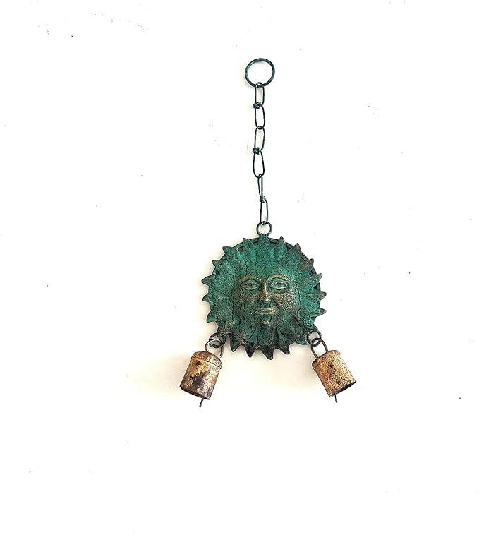 Metal Sun Wind Chime with Cow Bells – 12.6" x 4.6", Green Patina & Copper Finish, Celestial Garden Decor for Patio, Porch, or Balcony