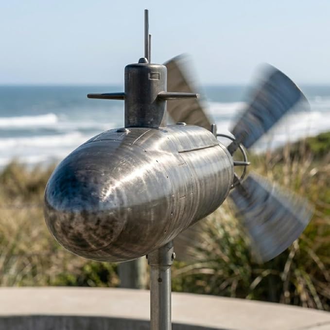 Submarine Wind Spinner, Outdoor Garden Windmill for Yard, Rotating Metal Wind Sculpture with Blades, Motion Art Propeller Spinner, Patio Lawn Decor