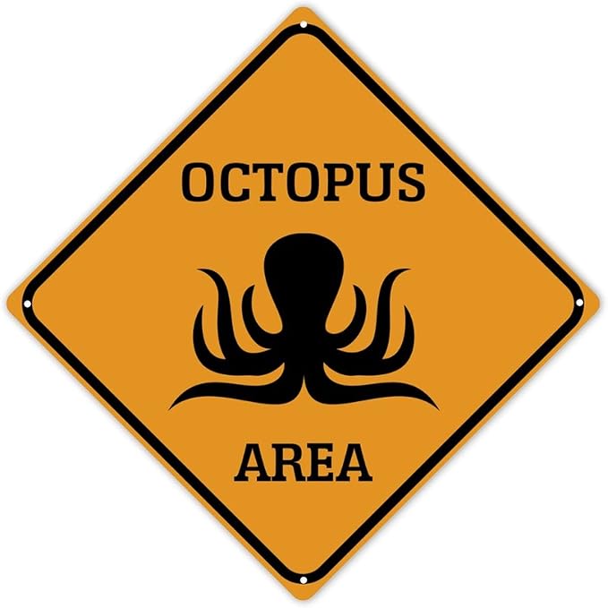 Octopus Area Xing Caution Crossing Sign Ocean Animal Aluminum Metal Sign Warning Sign Novelty Road Fence Yard Wall Decor For Indoor Outdoor Highway15x15in