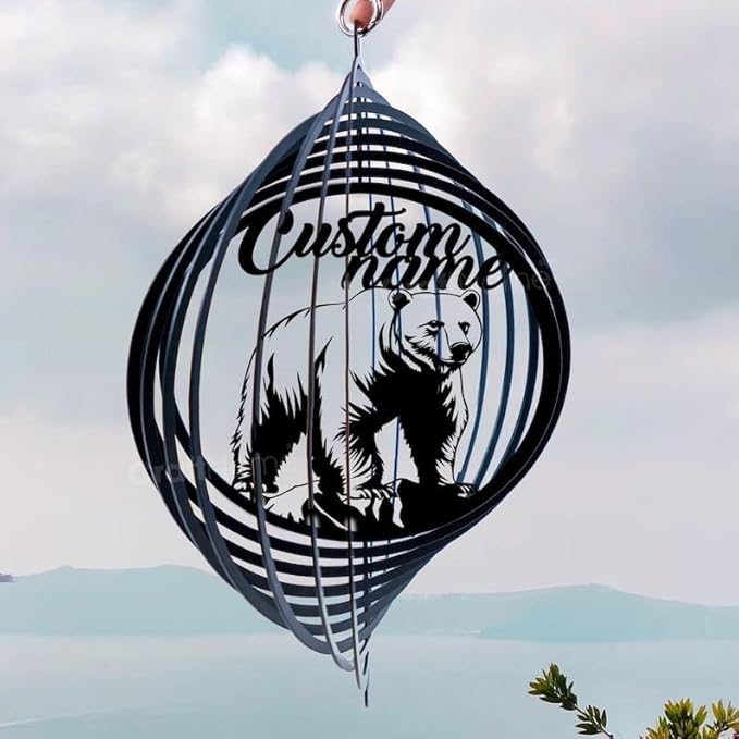 Personalized Bear Metal Wind Spinner, Custom Hanging Sculpture for Outdoor Spaces, Kinetic Wildlife Art, Rustic Nature Gift (Bear Garden Wind Spinner)