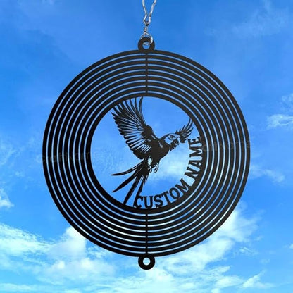 Personalized Parrot Metal Wind Spinner, Custom Hanging Decoration for Outdoor Spaces, Kinetic Bird Ornament, Tropical Gift (Parrot Garden Wind Spinner)