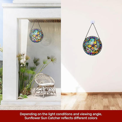 GENANY Butterfly Stained Glass Window Hanging, Sun Catcher with Metal Chain and Hook, Butterfly Spring Ornament Gifts for Women Men, Spring Home Decorations, Floral Themed Housewarming Gifts