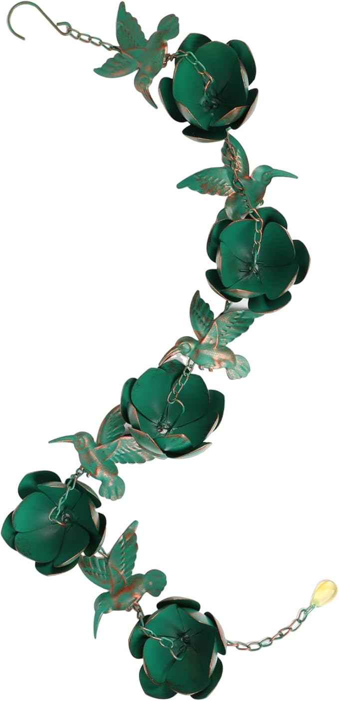 7.87ft Rain Chain for Gutters Downspouts Outside, Decorative Rain Chain with Hummingbird and Lotus Design, Adjustable Rains Catcher Chains with Bell for Eaves Drainage
