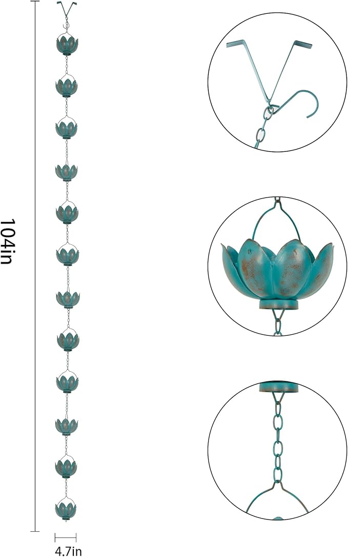 Topadorn Metal Rain Chain Decoration 8.5FT., Rain Catcher Metal Chain Gutter Downspout 104'' for House Eaves, Garden & Home, Flower Cups Garden Decoration,Lake Blue
