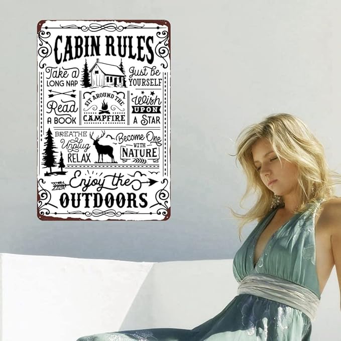 Cabin Rules Decor, Retro Wall Poster Plaque Outdoor Metal Sign for Bar, Campsite, Lake House, Cabin Cute Sign Gift for Friends 12x8 Inches