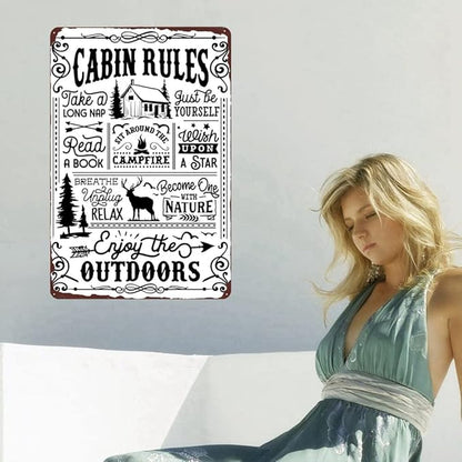 Cabin Rules Decor, Retro Wall Poster Plaque Outdoor Metal Sign for Bar, Campsite, Lake House, Cabin Cute Sign Gift for Friends 12x8 Inches