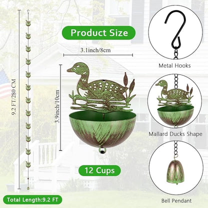 9.2FT Rain Chains for Gutter, Mallard Ducks Decorative Rain Chain with 12 Cups, Adjustable Rain Catcher Chain for Eaves Drainage, Replacement for Downspout