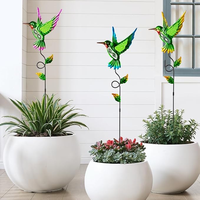3 Pcs Hummingbird Decorative Garden Stakes,Metal Yard Art for Lawn Pathway Patio Plant Pot Flower Bed Ornaments Spring Outdoor Decor