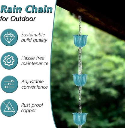 8.2ft Rain Chains for Outside, 10-Cup Lotus Rain Chain Replacement Downspout for Gutters, Eaves, Drainage, Adjustable Length(Light Blue)