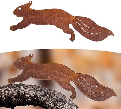 Rustic Metal Squirrel Garden Statue with Rusty Finish, Weather-Resistant Iron Yard Decor Stake for Courtyard or Lawn, 12in and 16.5in(30cm)