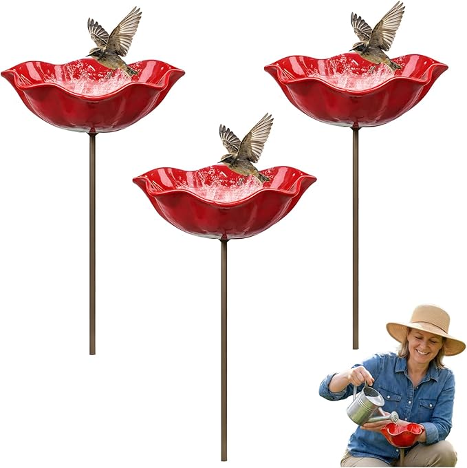 Handmade Metal Flower Garden Stake, Outdoor Bird Baths, Butterfly Water Feeder, Bee Watering Flowers Stake Station for Garden Lawn Yard Decor (3PCS)