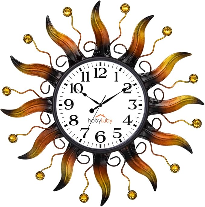 Outdoor Clock Silent Non-Ticking, Sun Outdoor Wall Clock Waterpooof Outside Clock for Patio, Home Decorations(Orange)