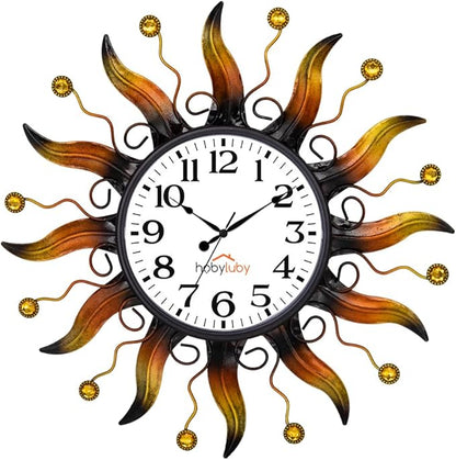 Outdoor Clock Silent Non-Ticking, Sun Outdoor Wall Clock Waterpooof Outside Clock for Patio, Home Decorations(Orange)