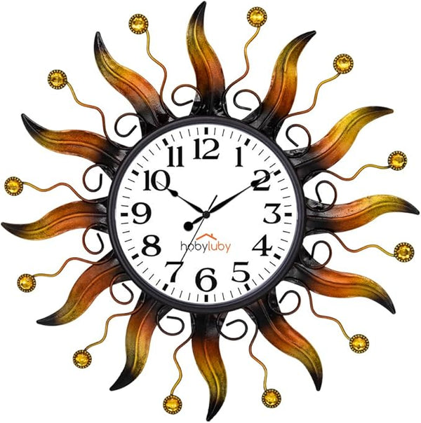 Outdoor Clock Silent Non-Ticking, Sun Outdoor Wall Clock Waterpooof Outside Clock for Patio, Home Decorations(Orange)