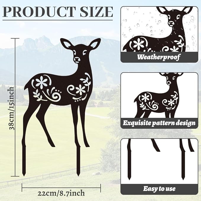 WADORN Deer Metal Outdoor Statues Silhouette, Reindeer Metal Decorative Garden Stakes Funny Animal Flower Silhouette Outdoor Stakes Decor for Garden Hugger Backyard Patio Lawn Art Outdoor Decor