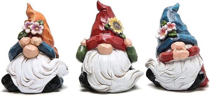 Hodao Spring Gnome Decor Set of 3, Resin Three Wise Gnomes Figurines with See No Evil Hear No Evil Speak No Evil Design, Floral Tiered Tray Shelf Table Accent, Farmhouse Gift Idea