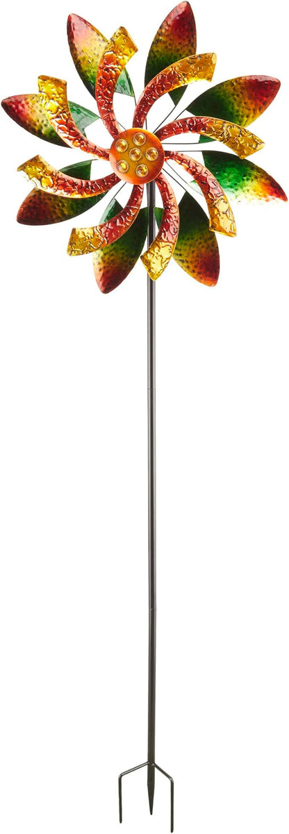 Alpine Corporation 64" Tall Floral Windmill Stake with Jeweled Kinetic Spinner, Green and Orange