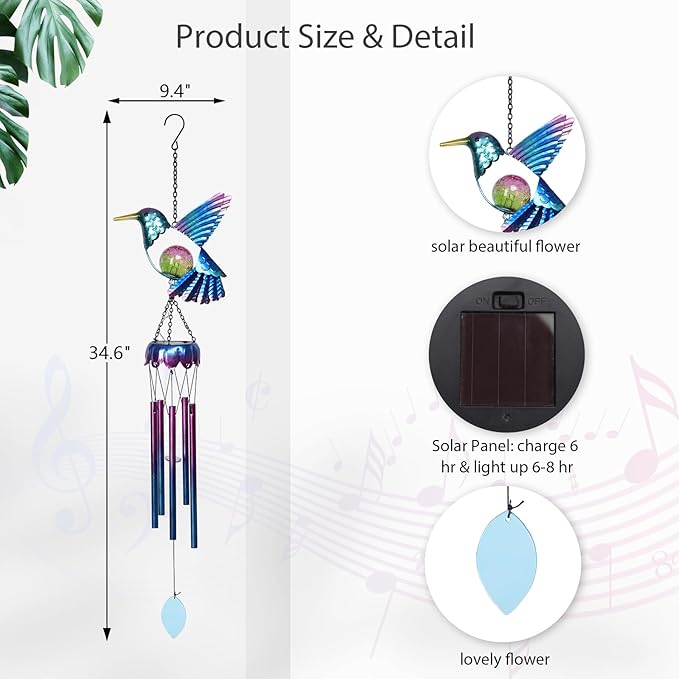 MUMTOP Solar Wind Chimes for Outside - Hummingbird with Crack Glass Ball Lights Wind Chimes Outdoor Unique, Windchimes Clearance for Garden, Patio,Yard Decor Gift