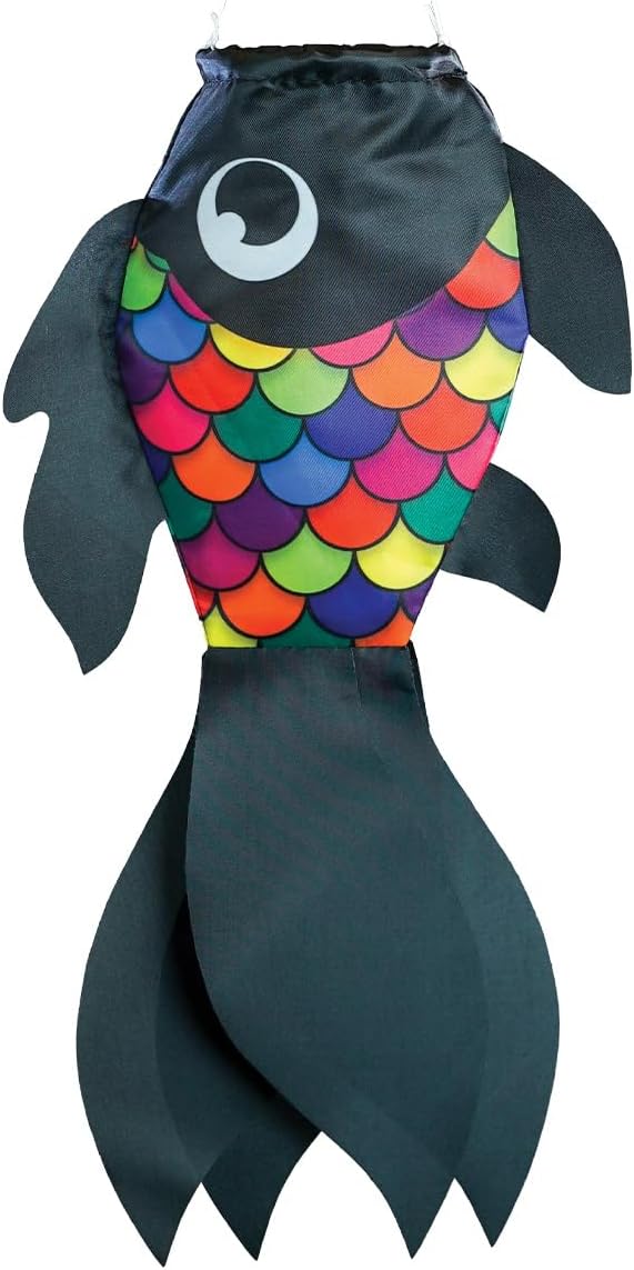In the Breeze 5224 — 15-inch Black & Rainbow Damsel Fish — Colorful Fishsock Hanging Garden Decor with Detailed Printed Graphics