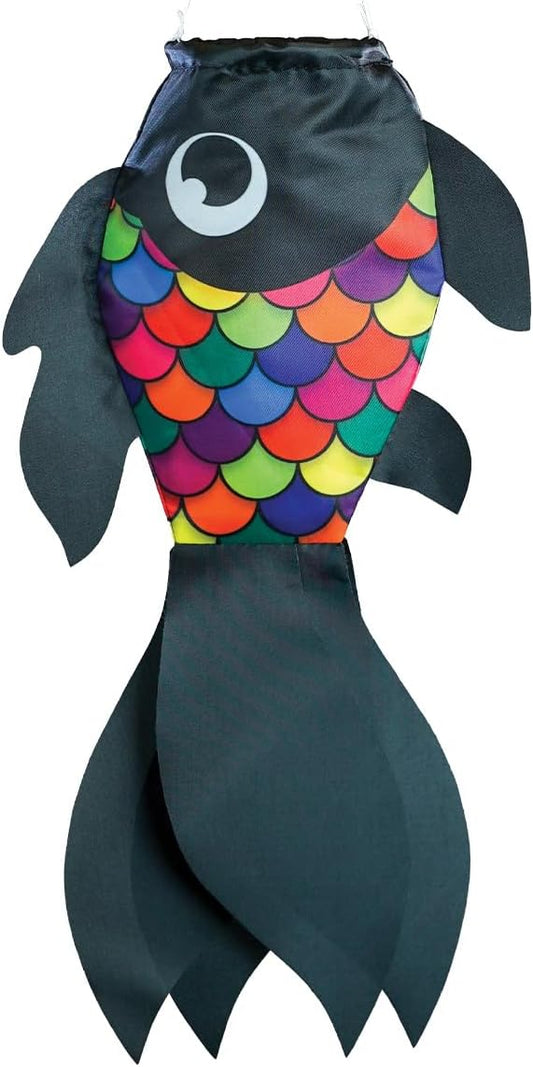 In the Breeze 5224 — 15-inch Black & Rainbow Damsel Fish — Colorful Fishsock Hanging Garden Decor with Detailed Printed Graphics