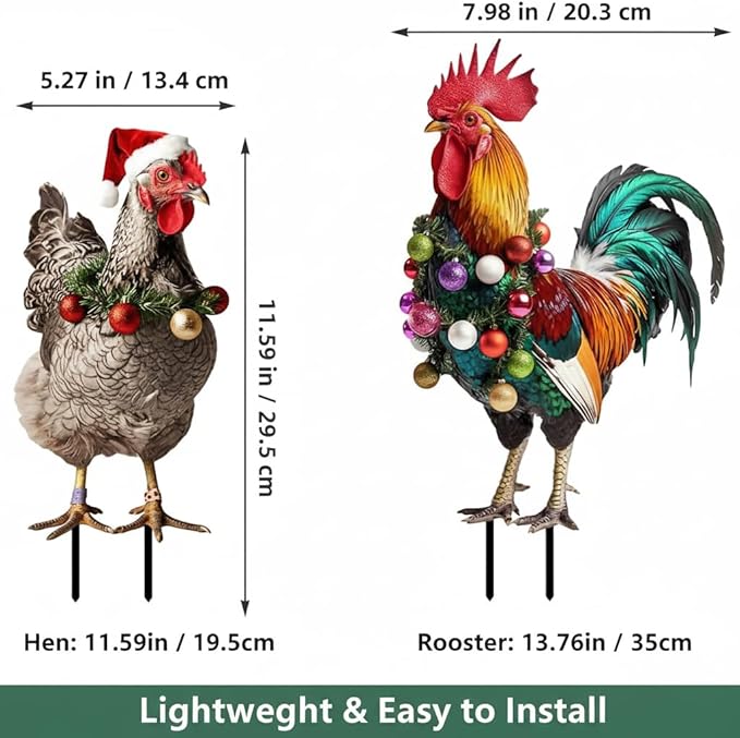 SUPVOX Christmas Rooster Chicken Yard Signs with Stakes 2pcs Metal Xmas Outdoor Yard Chicken Signs Christmas Animal Yard Sign Art Decoration for Lawn Garden Holiday Supplies