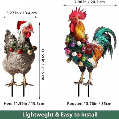 SUPVOX Christmas Rooster Chicken Yard Signs with Stakes 2pcs Metal Xmas Outdoor Yard Chicken Signs Christmas Animal Yard Sign Art Decoration for Lawn Garden Holiday Supplies