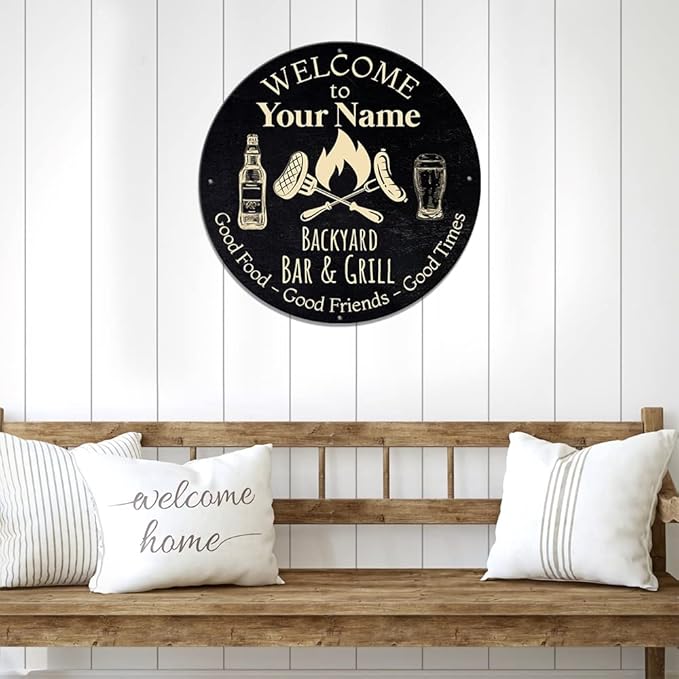 MeMate Outdoor Decor - Personalized Metal Bar and Grill Sign for Patio, Porch, Deck - BBQ Beverage Housewarming Gifts